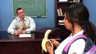 sexy brunette girl Sisi Sinz seduces her teacher by eating banana before getting fucked - porn video
