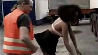 Black hooker riding on mature truck driver outside - porn video